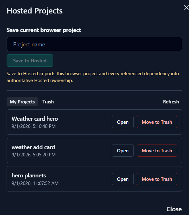 Hosted Projects dialog for saving, opening and managing persistent ForgeUI projects